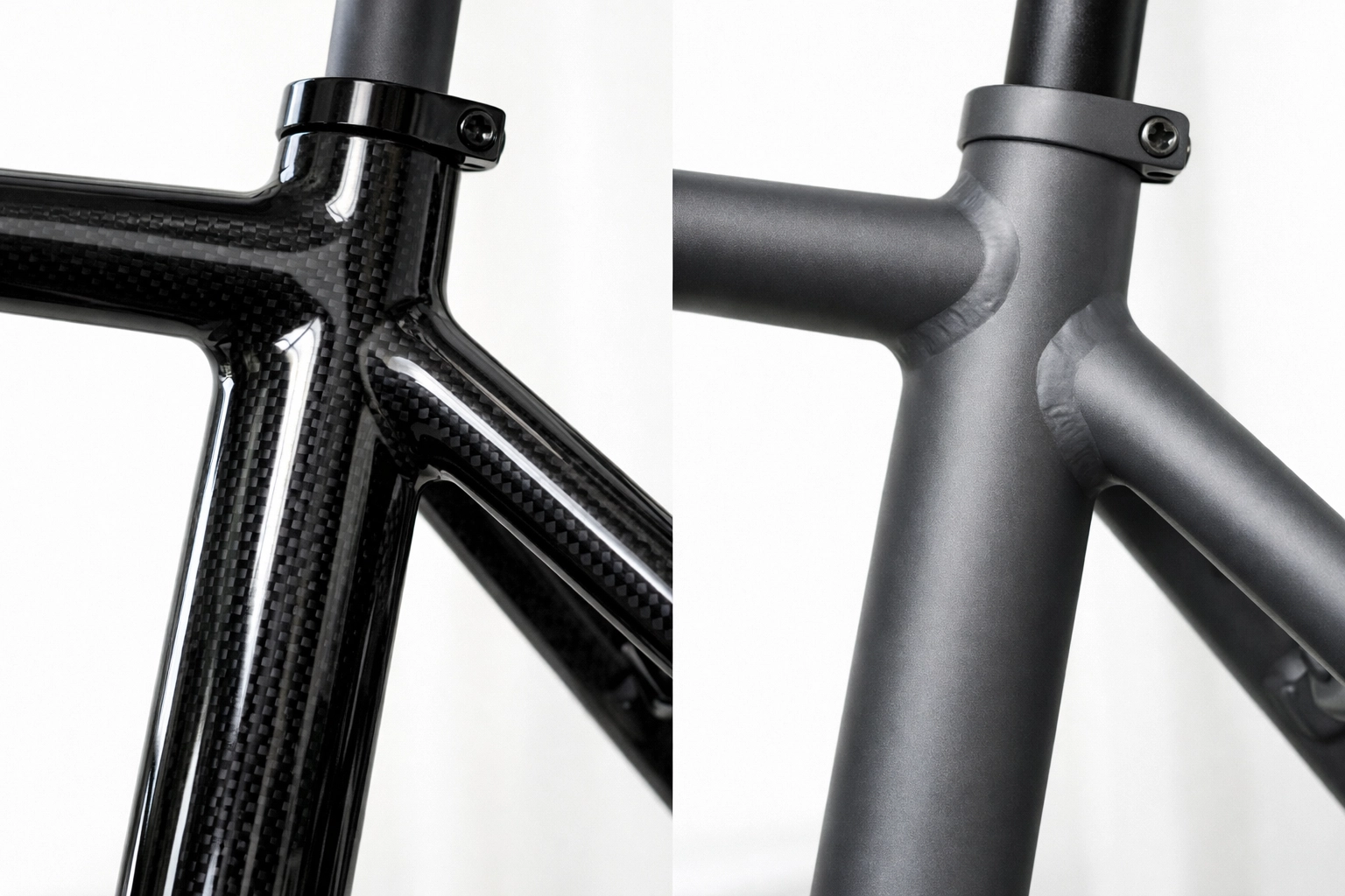 Carbon fiber and alloy road bike frames side by side comparison