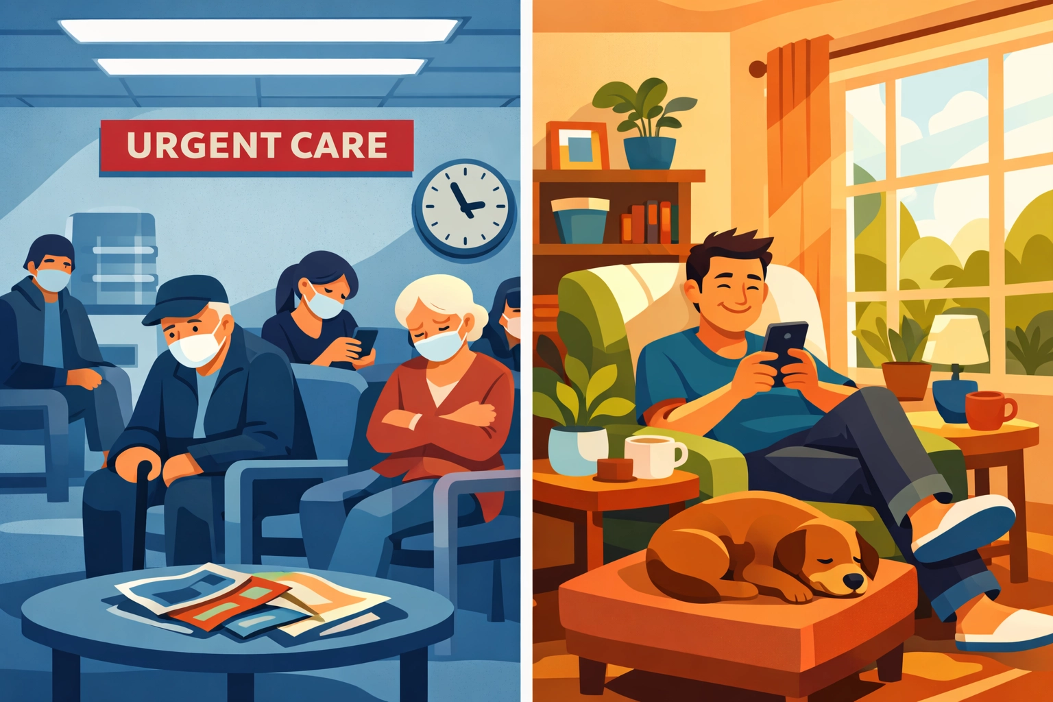 Comparison of crowded urgent care waiting room versus comfortable home telehealth consultation