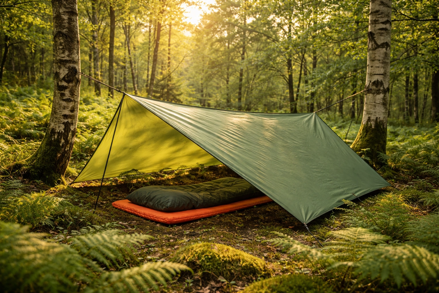 Green tarp shelter set up in a lush UK woodland, demonstrating effective wild camping shelter skills