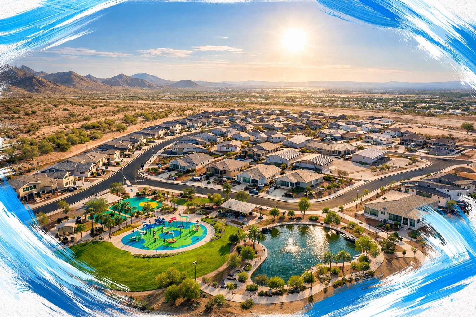 Aerial view of new construction homes and neighborhood infrastructure in growing Buckeye Arizona.