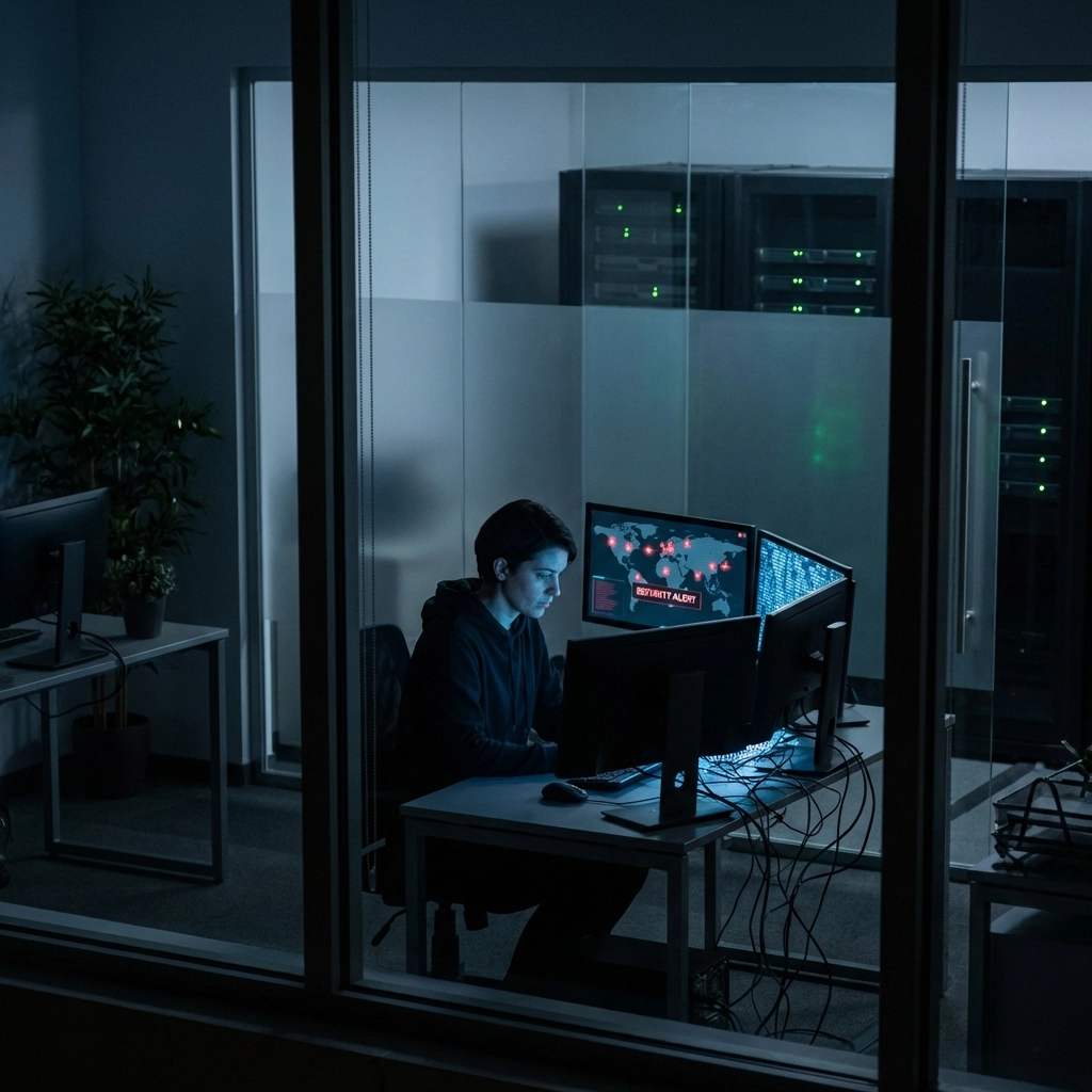 Small business employee monitors cybersecurity alerts in a dark office, highlighting SMB vulnerability to AI-powered cyber threats.