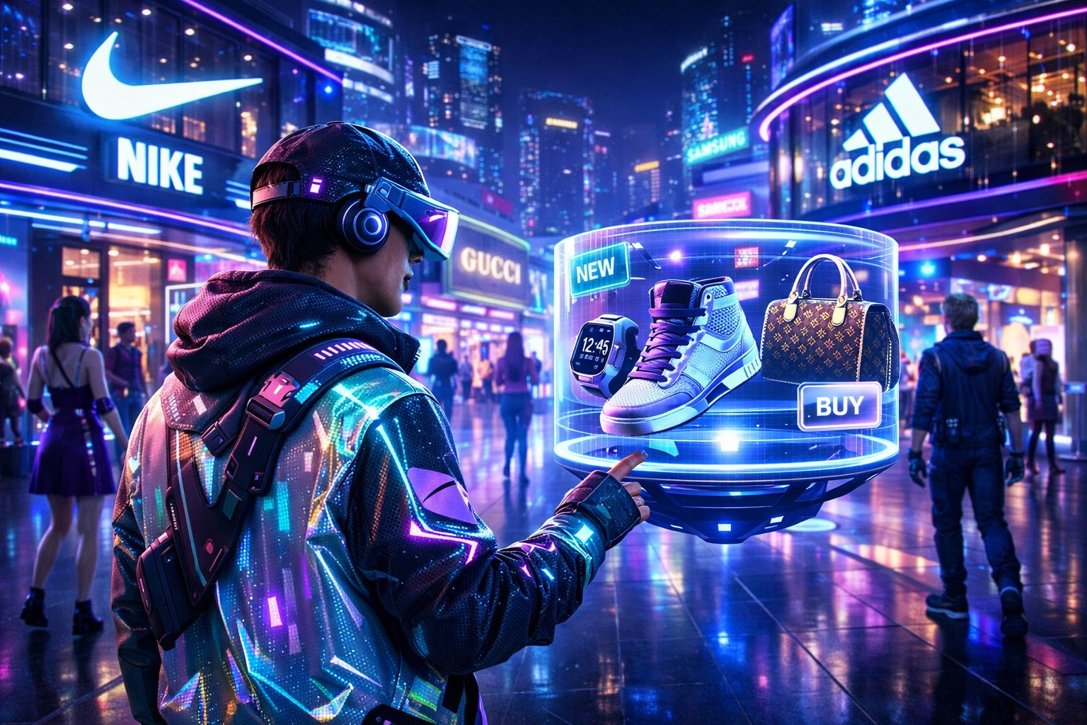 Avatar shopping in virtual metaverse district with holographic storefronts and crypto payments