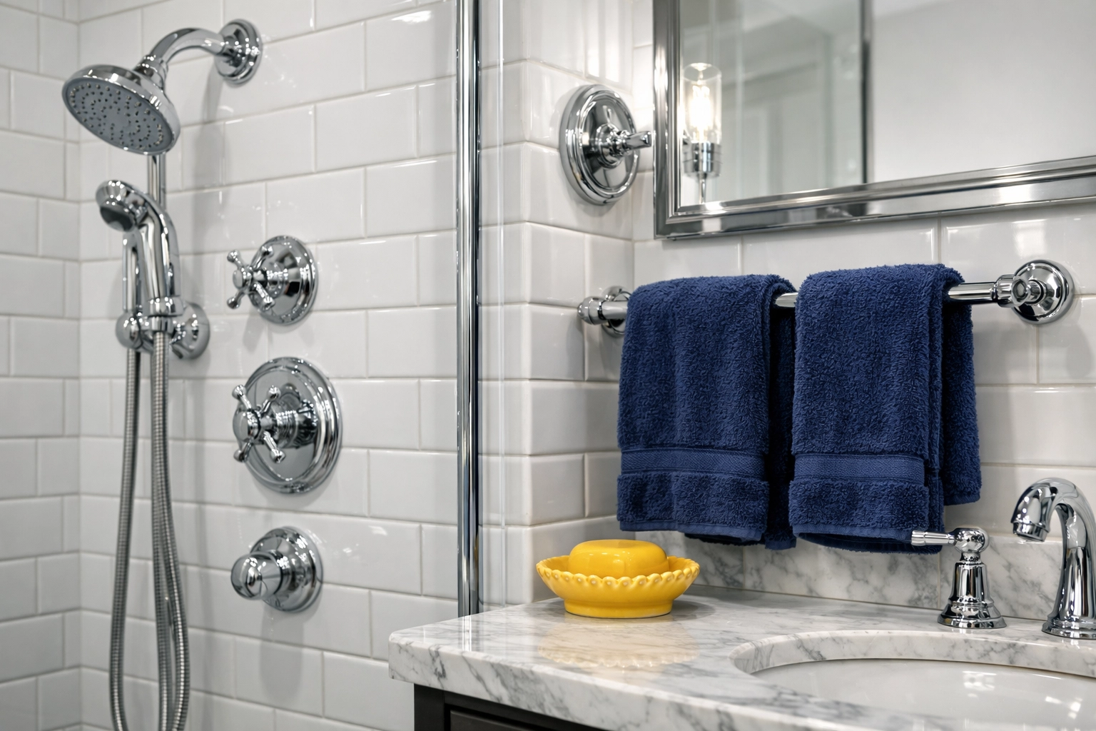 Sparkling clean Medway bathroom with white subway tiles and polished chrome fixtures.
