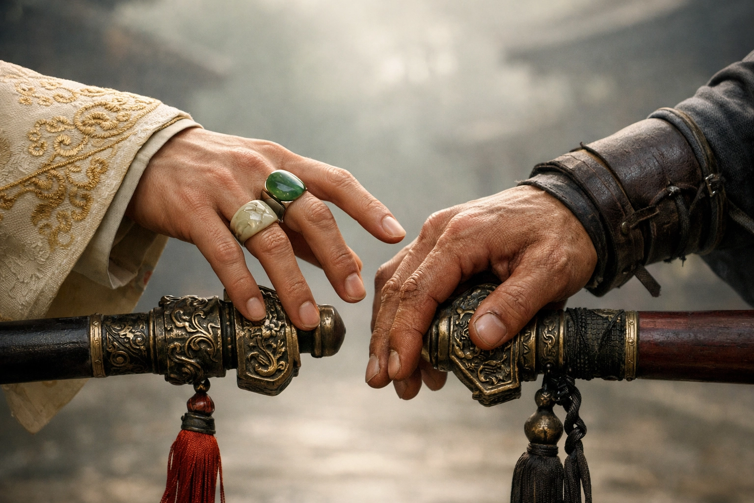 Two men's hands nearly touch during sword training - forbidden romance and yearning in ancient China