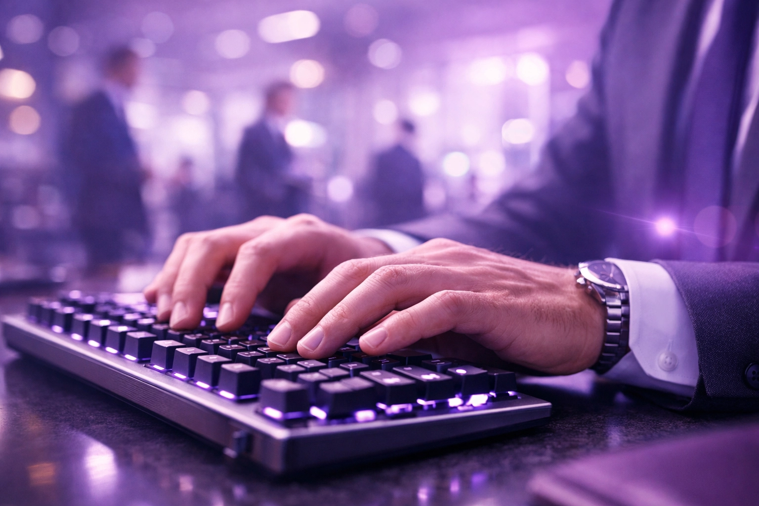 Legal professional typing on a keyboard, illustrating operational speed and digital workflow efficiency.