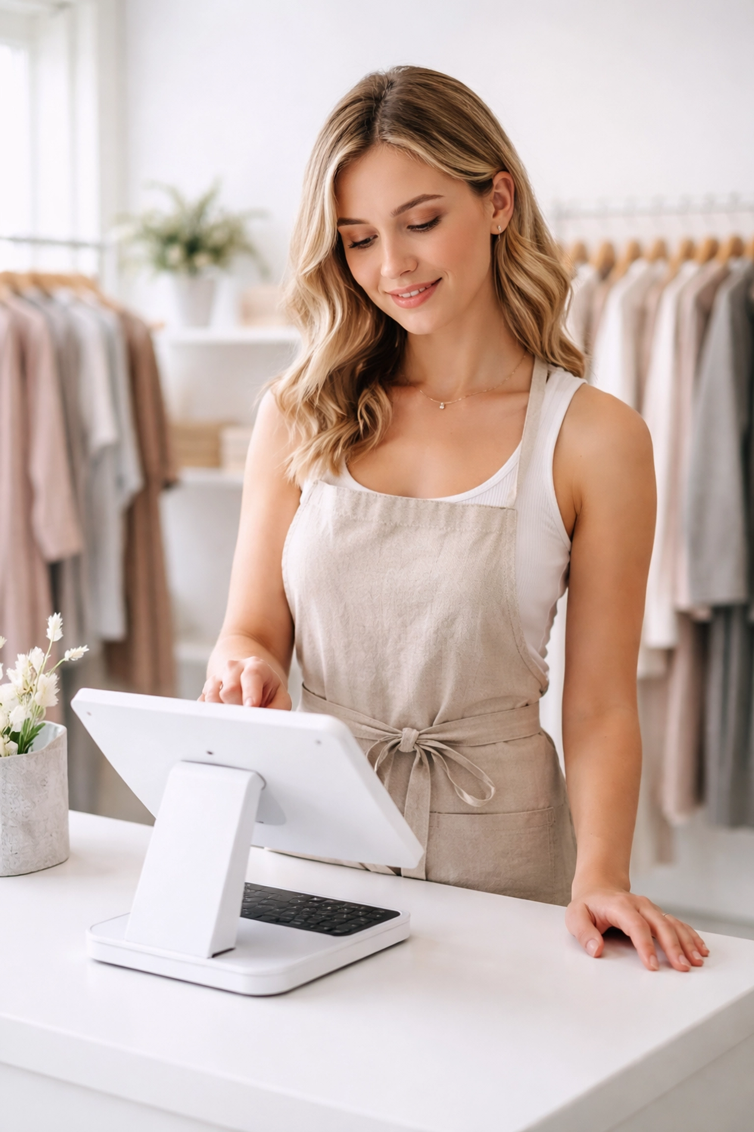 Retail shop owner using an easy-to-use touchscreen EPOS till system in her boutique