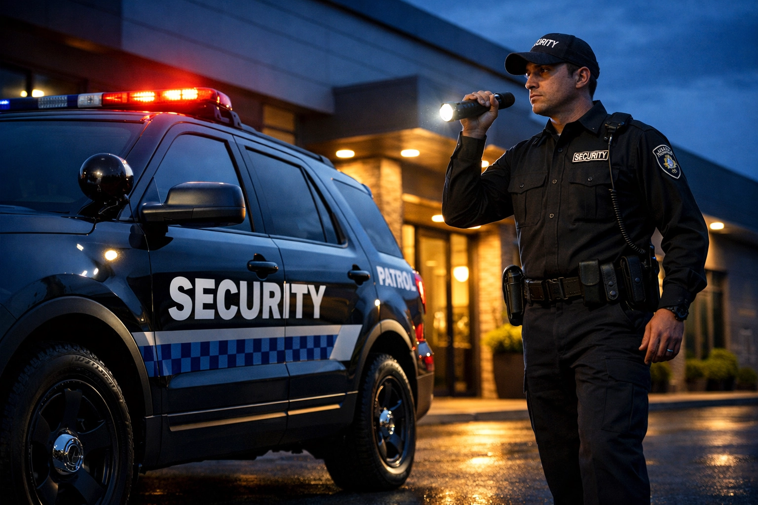 Security guard conducting mobile patrol inspection at vacant commercial building at dusk