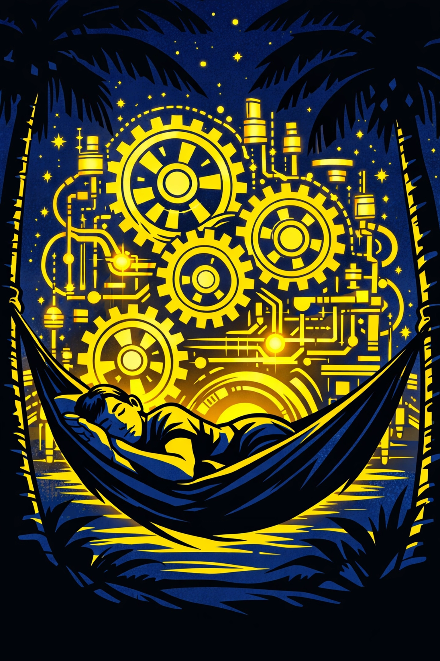 Business owner sleeping while AI business automation systems keep the company running.