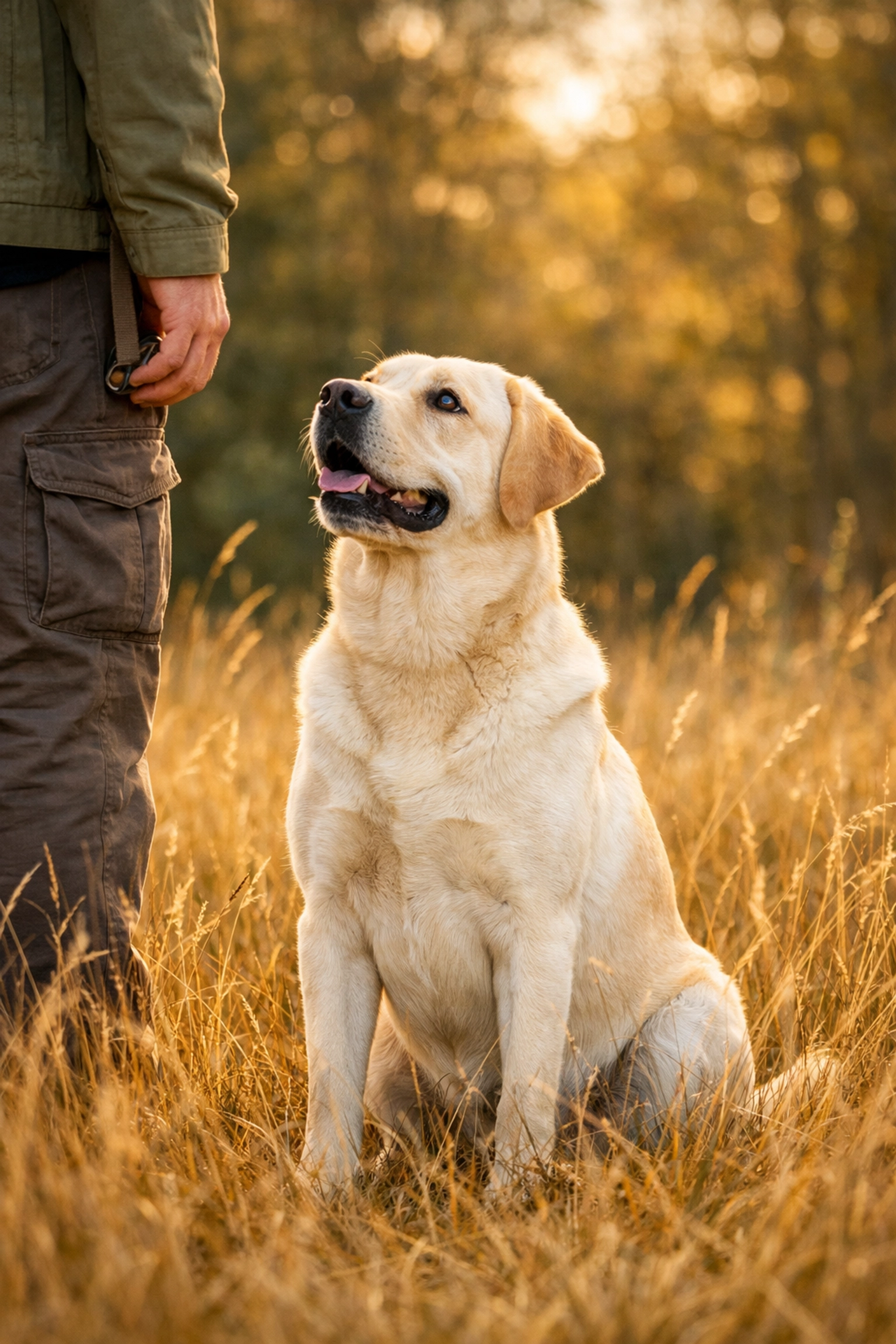 Yellow Labrador looking at handler during 1 to 1 labrador gundog training session, showing trust and focus.