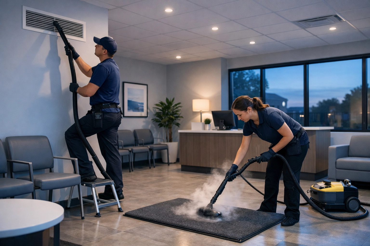 Professional cleaning team performing weekly deep clean in medical office waiting room