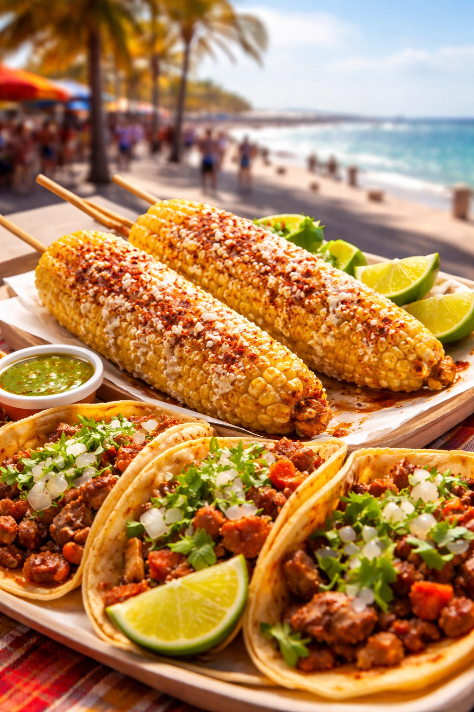 Close-up of authentic Mexican street food, including elote and tacos, on the Malecon in Puerto Vallarta