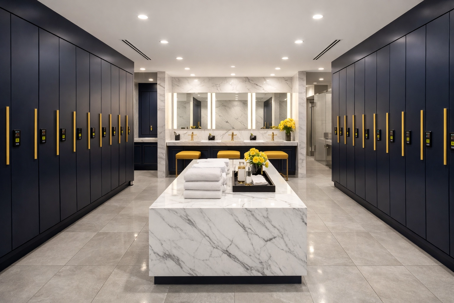 Pristine luxury gym locker room with sanitized floors and clean blue lockers for member safety.