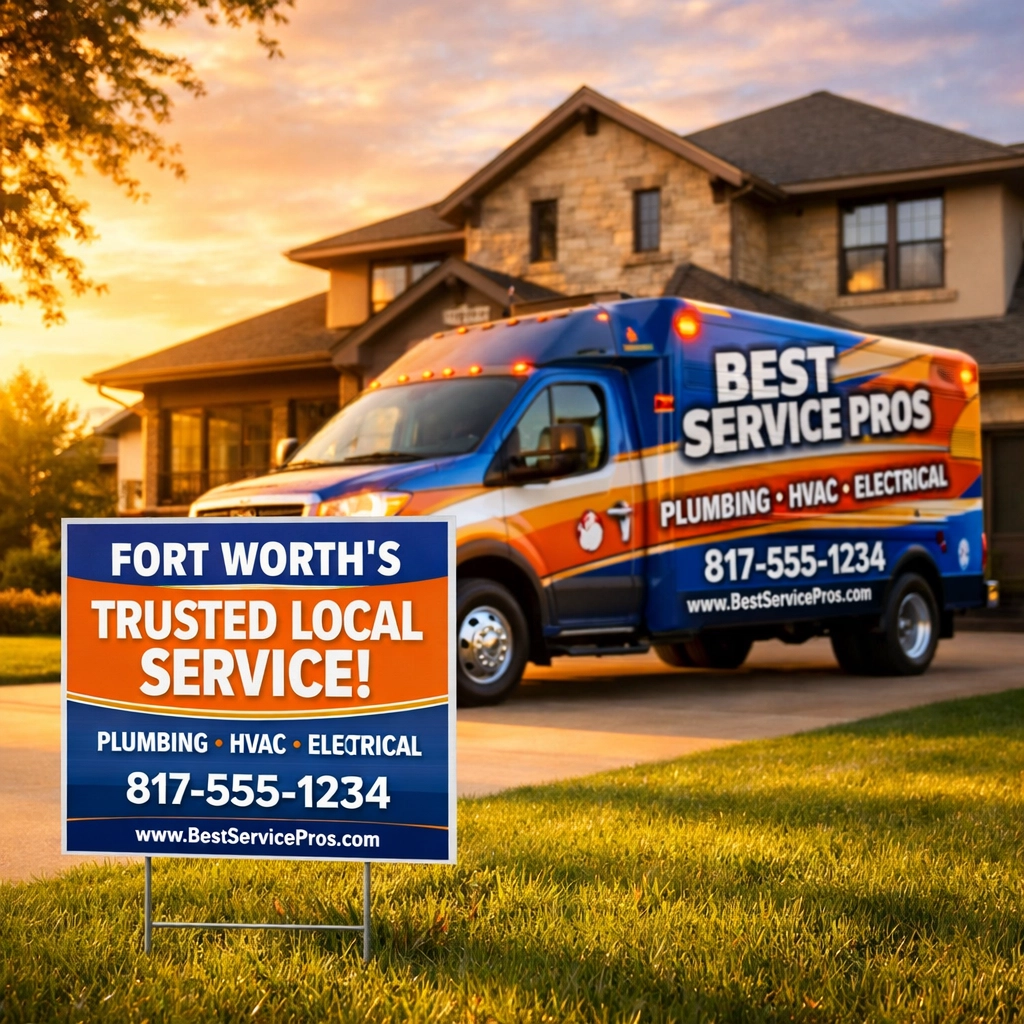Branded service truck wrap and yard sign in a Fort Worth neighborhood for local marketing.