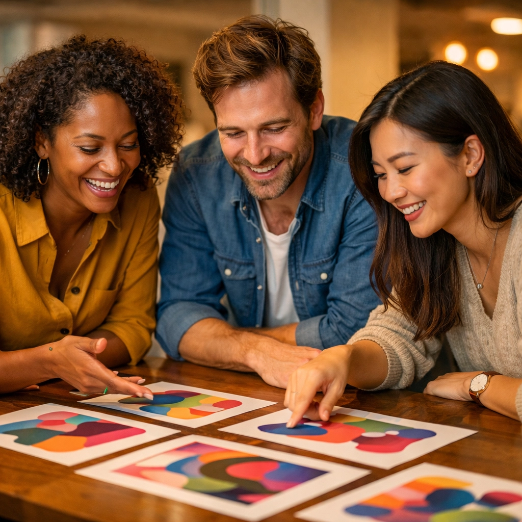 Colleagues collaborating and sharing perspectives during a Creative Reset team building session in Chicago.