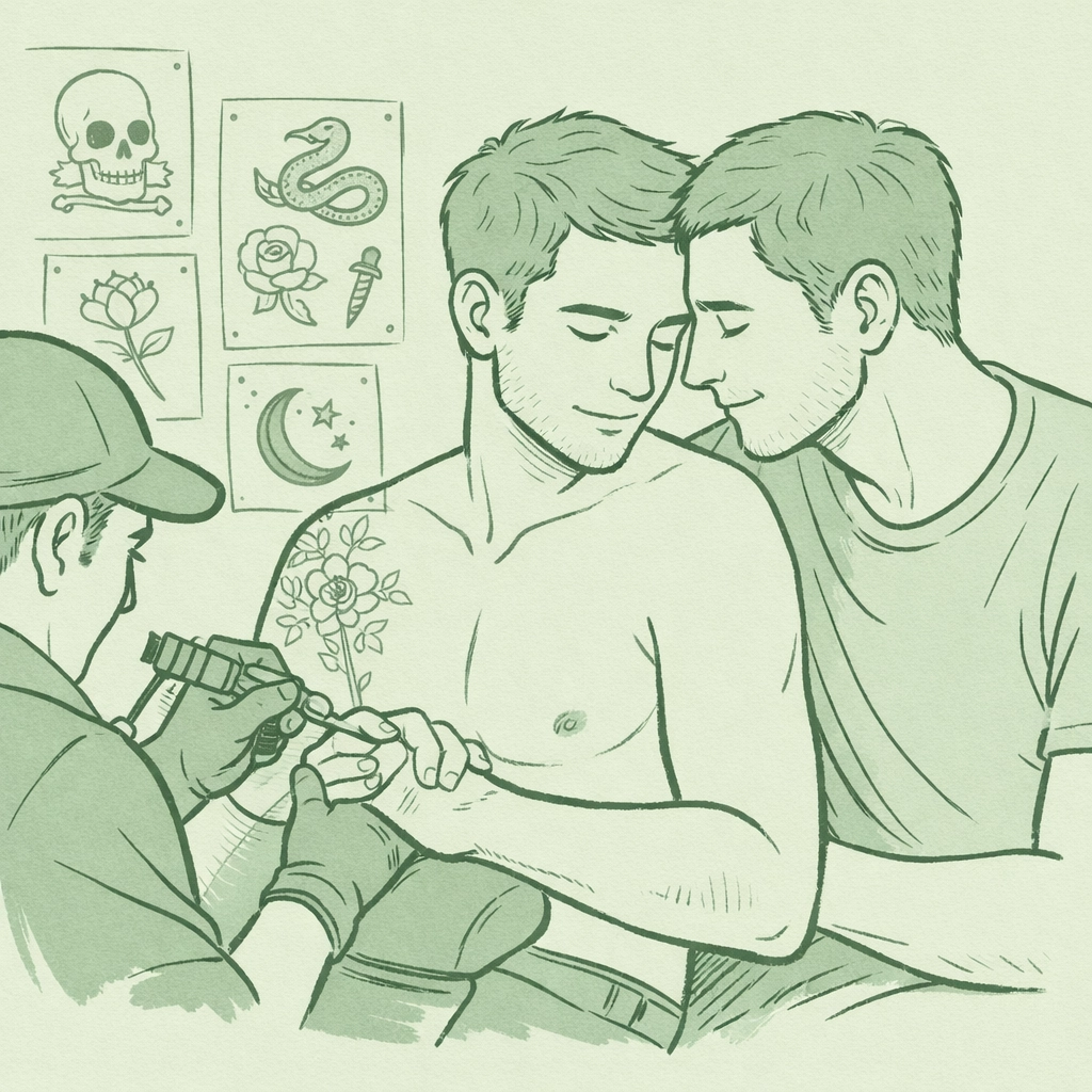 Gay couple embracing in tattoo parlor showing support in MM contemporary romance