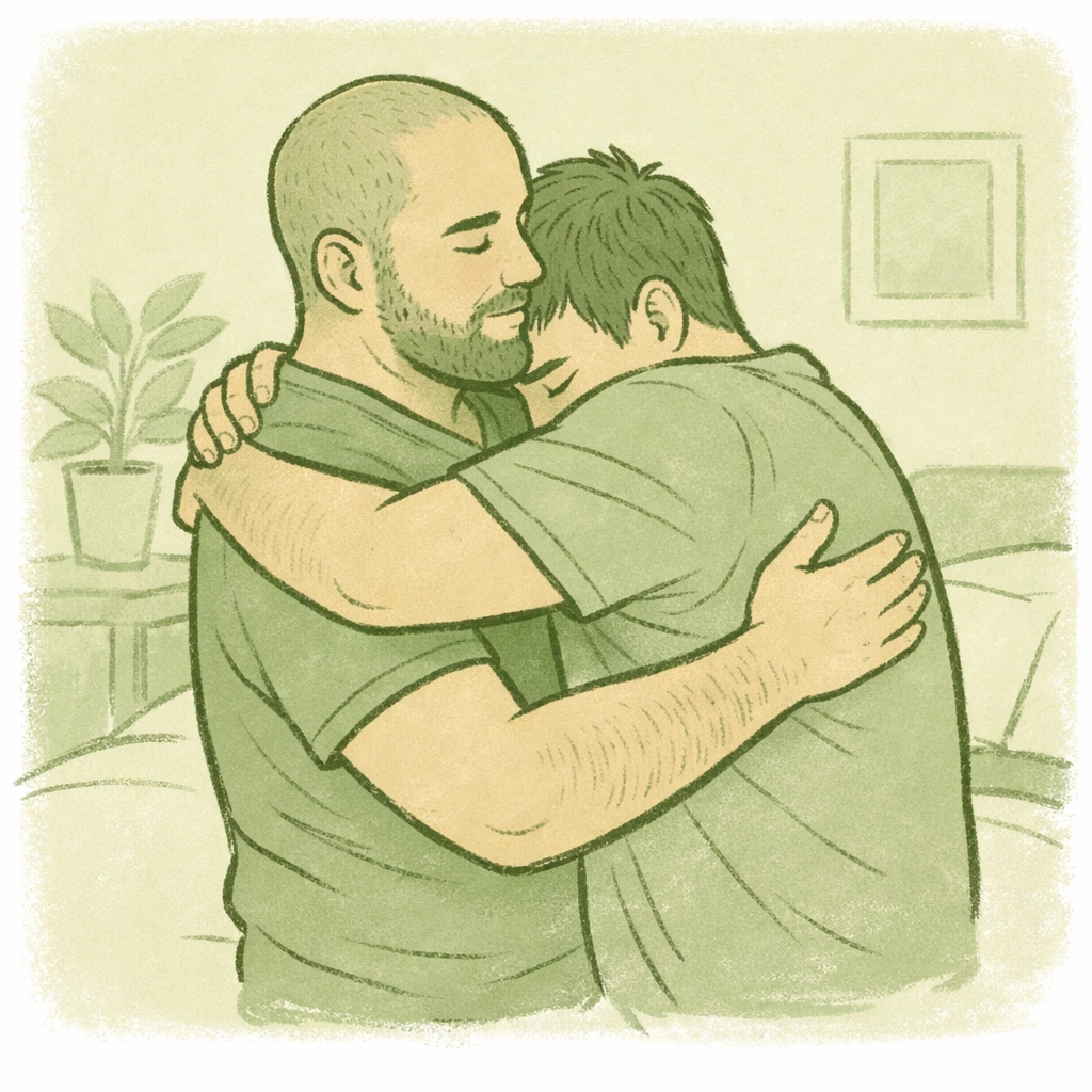 Gay men embracing showing body positivity and emotional safety in same-sex relationship