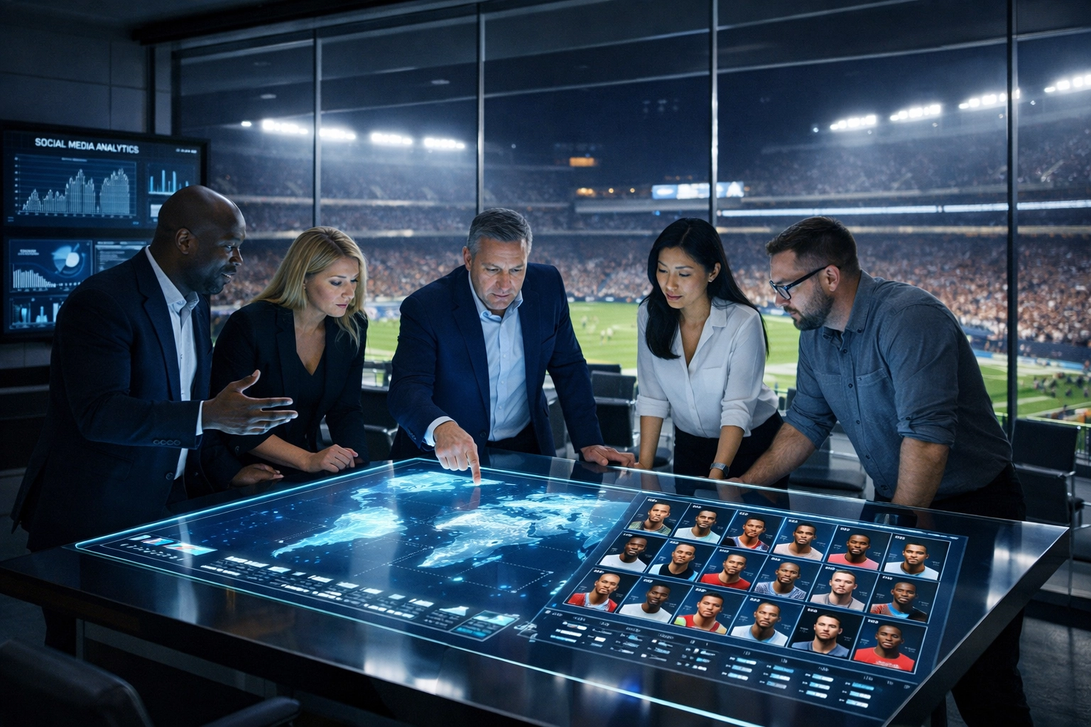 Media buyers planning a scaled NIL athlete marketing strategy in a high-tech office overlooking a stadium.