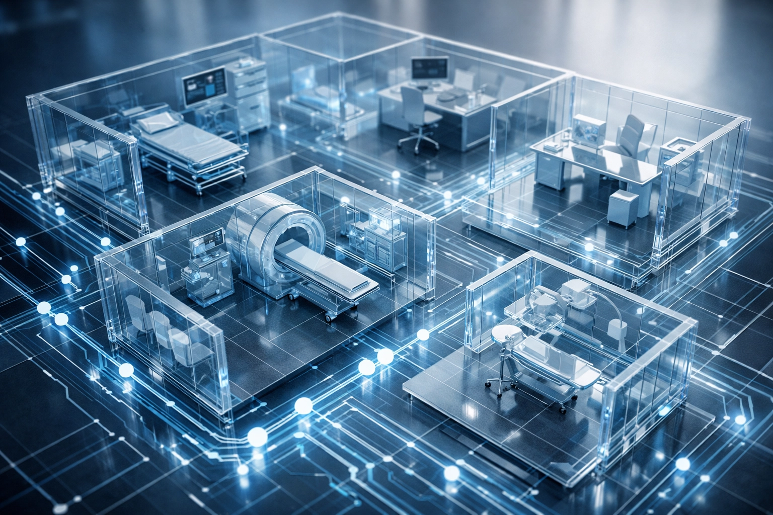 Digital floor plan illustrating frictionless data flow and operational excellence in a medical wellness clinic.