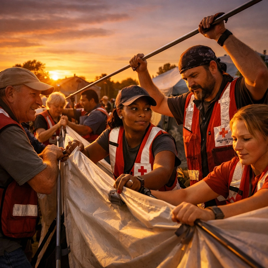 Disaster relief volunteers in Red Cross vests setting up emergency shelter tents at dusk