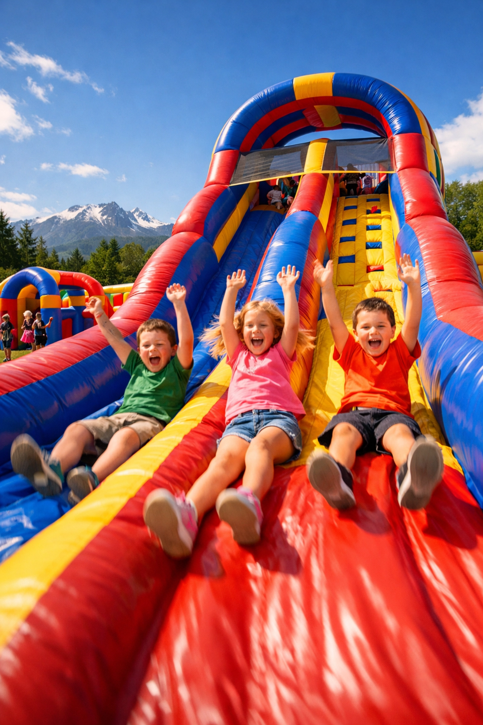 Large colorful inflatable obstacle course and slide rental for an epic Comox backyard bash.