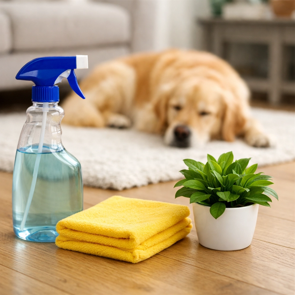 Eco-friendly supplies used for pet-safe deep cleaning Wellesley MA in a healthy suburban home.