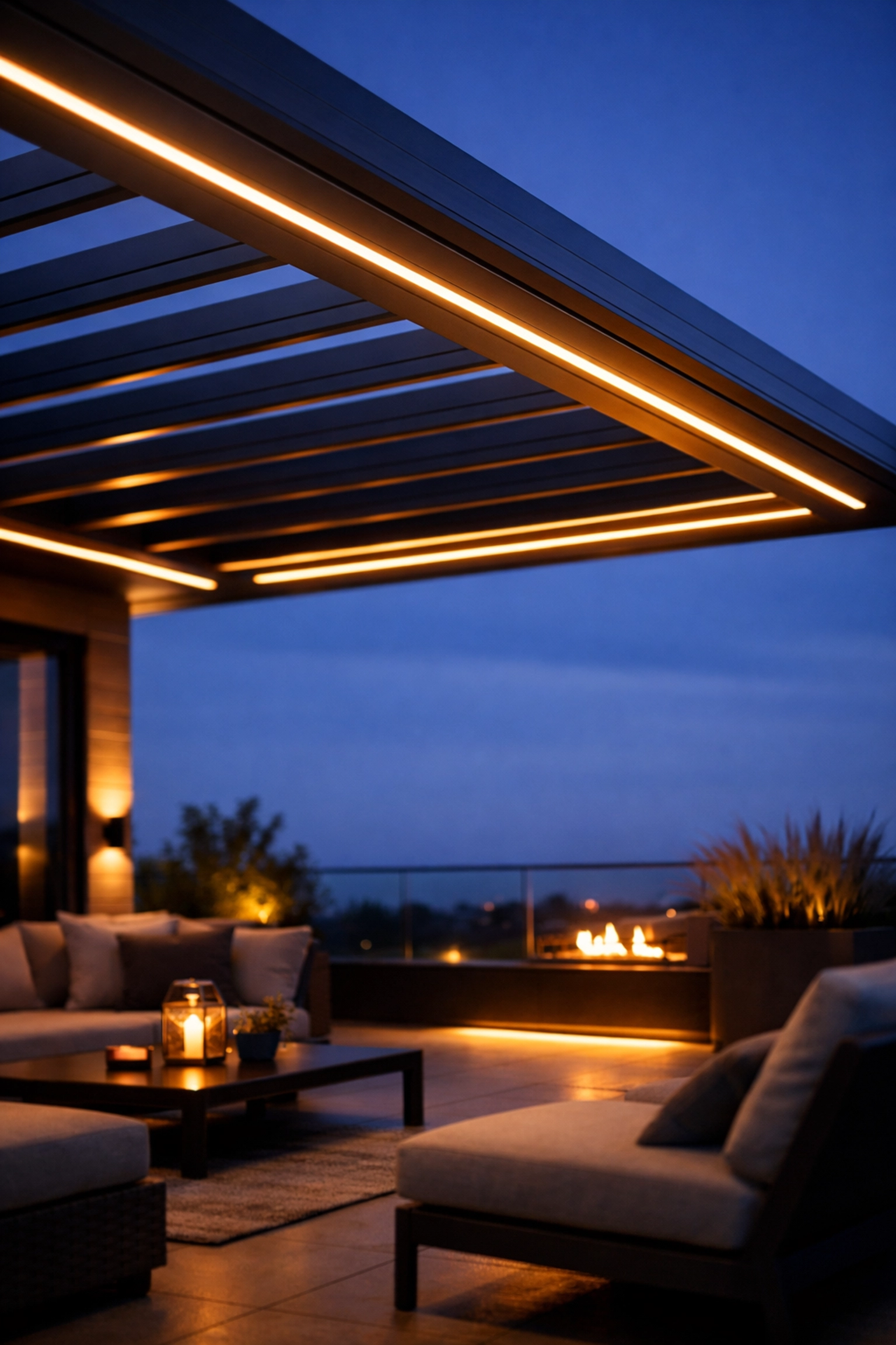 Beleuchtete Terrassenüberdachung mit LED-Beleuchtung am Abend - Premium Ausstattung