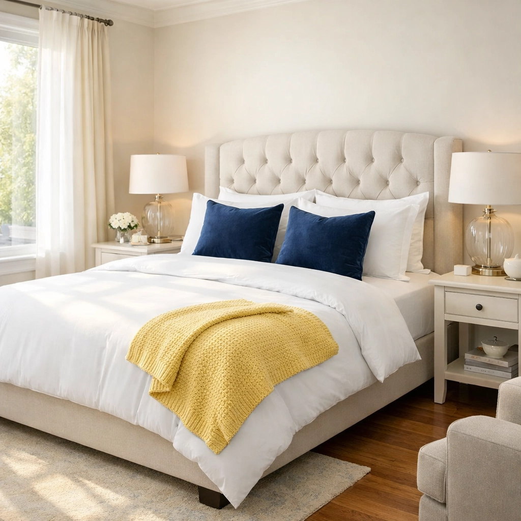 Master bedroom after weekly house cleaning in Leominster MA with a perfectly made bed and dust-free surfaces.