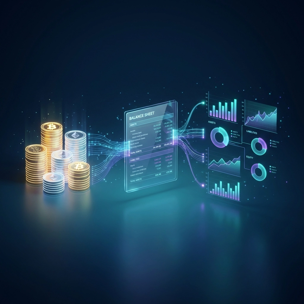 Digital balance sheet with cryptocurrency coins and financial charts, highlighting Larecoin treasury management benefits.
