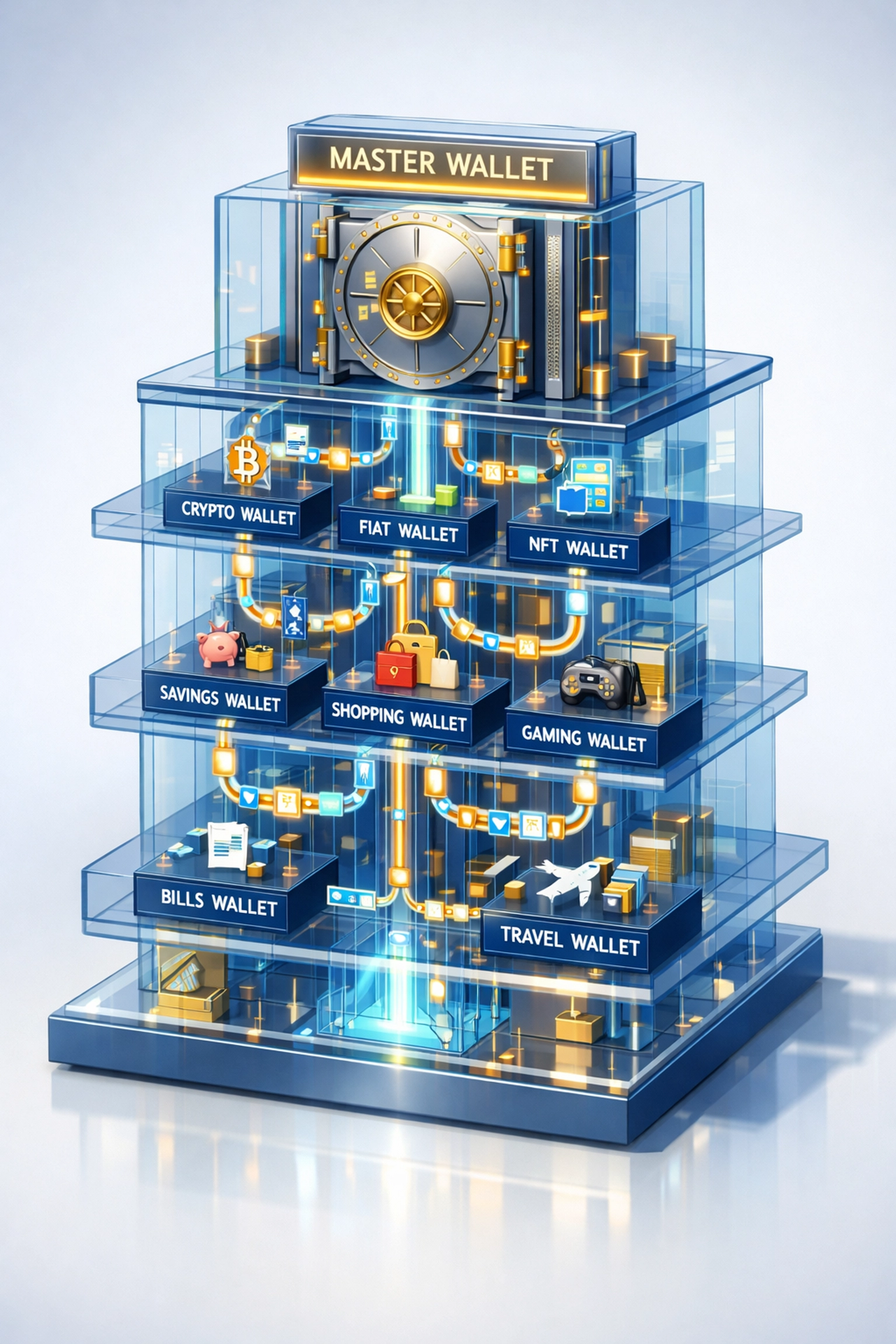 Master wallet and sub-wallet architecture for automated crypto transaction categorization