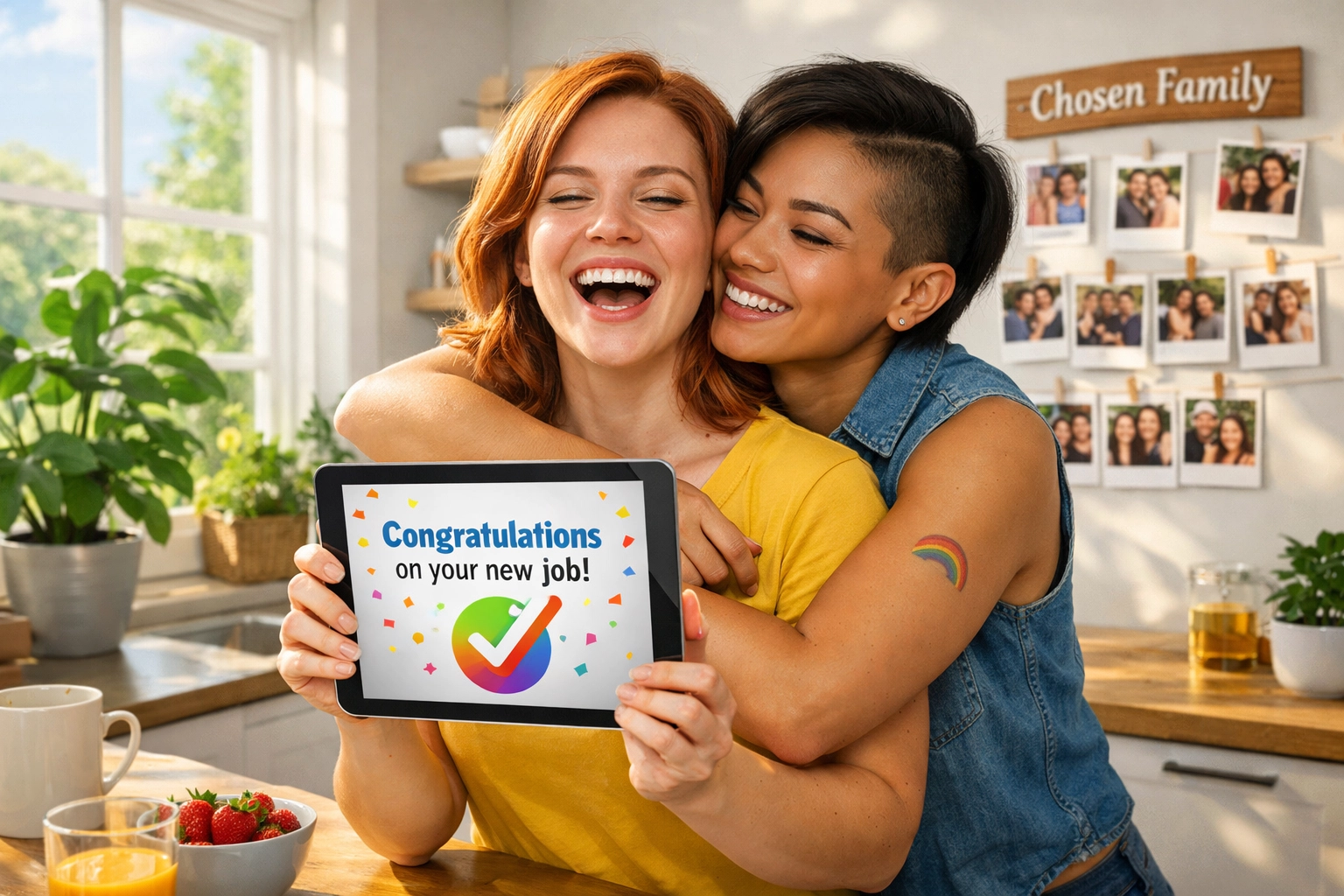 A lesbian couple joyfully celebrating a new job offer and a fresh start away from workplace toxicity.