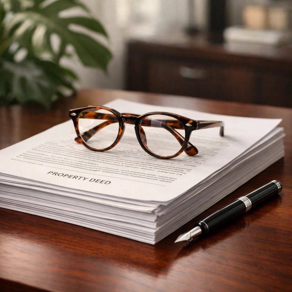 Professional legal documents and property deeds on a mahogany desk with glasses for detailed title due diligence.