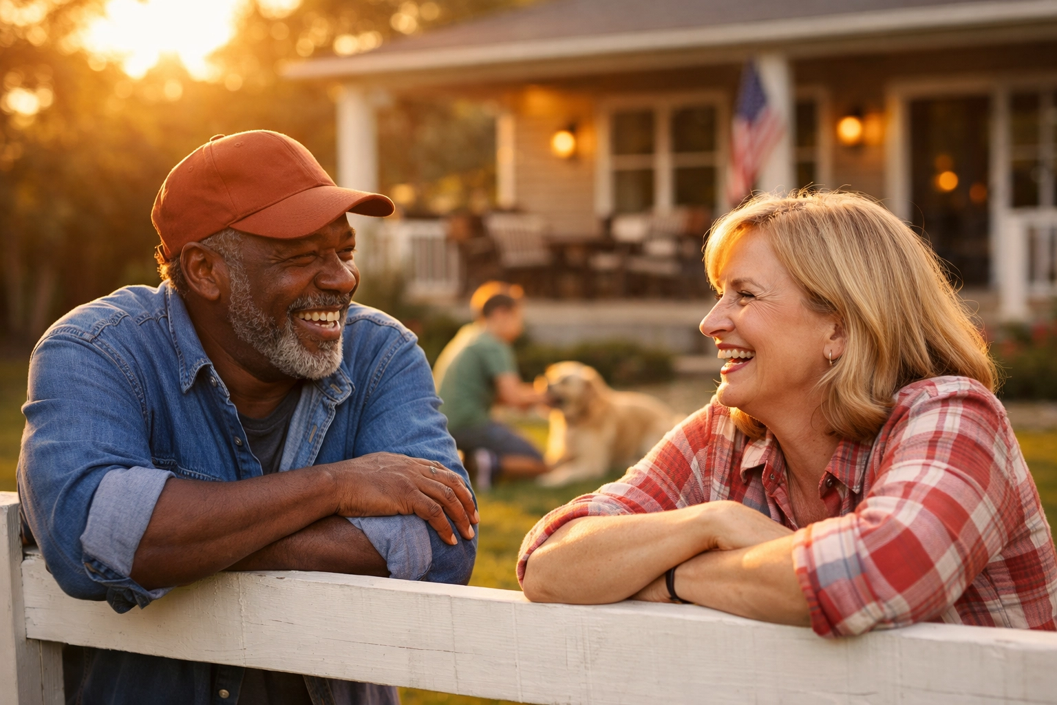Friendly neighbors talking outside a modern manufactured home in a safe Crosby, Texas community.