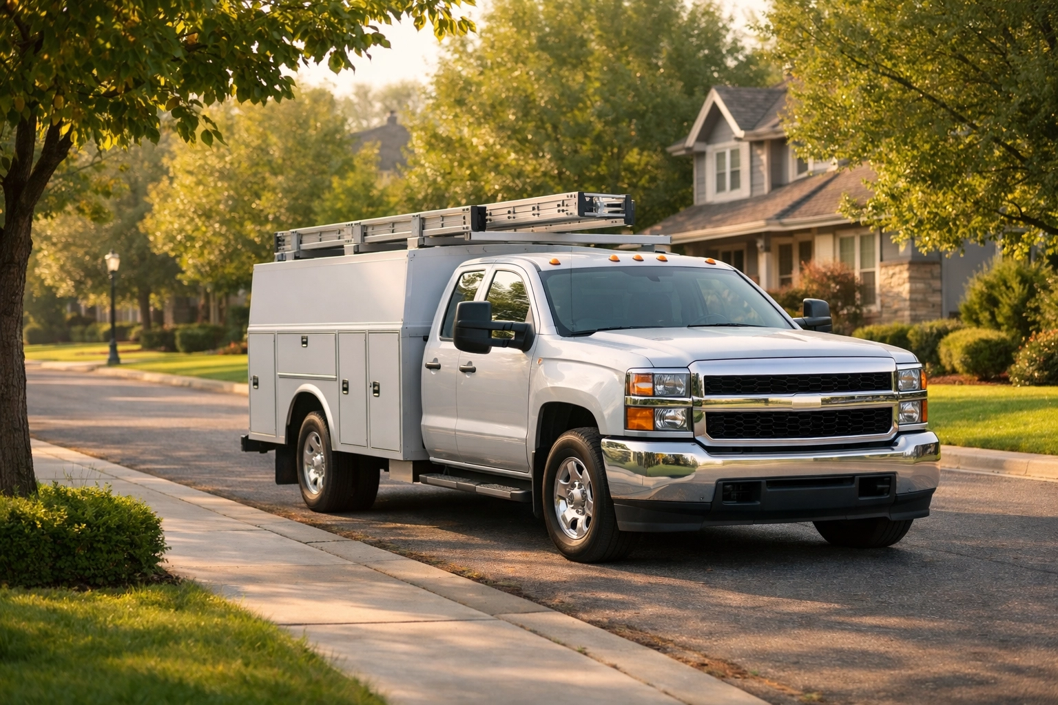 Professional service vehicle in a quiet suburban street, illustrating trust and familiarity through fleet branding.
