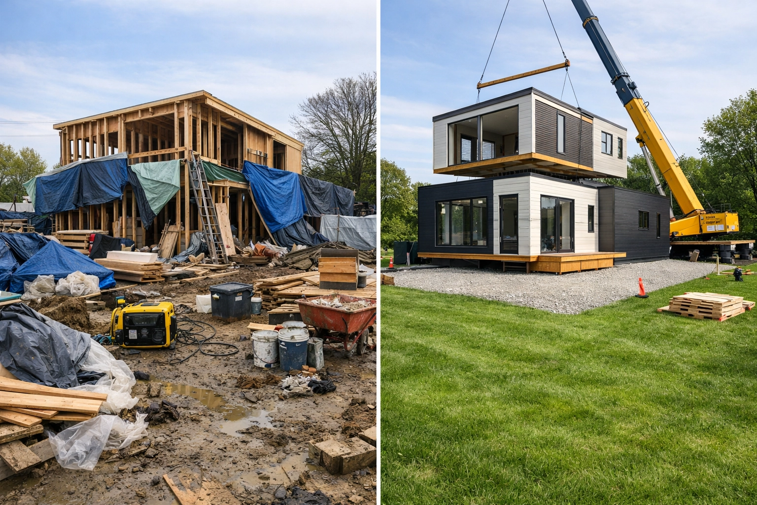 Side-by-side comparison of traditional construction site versus clean modular home installation