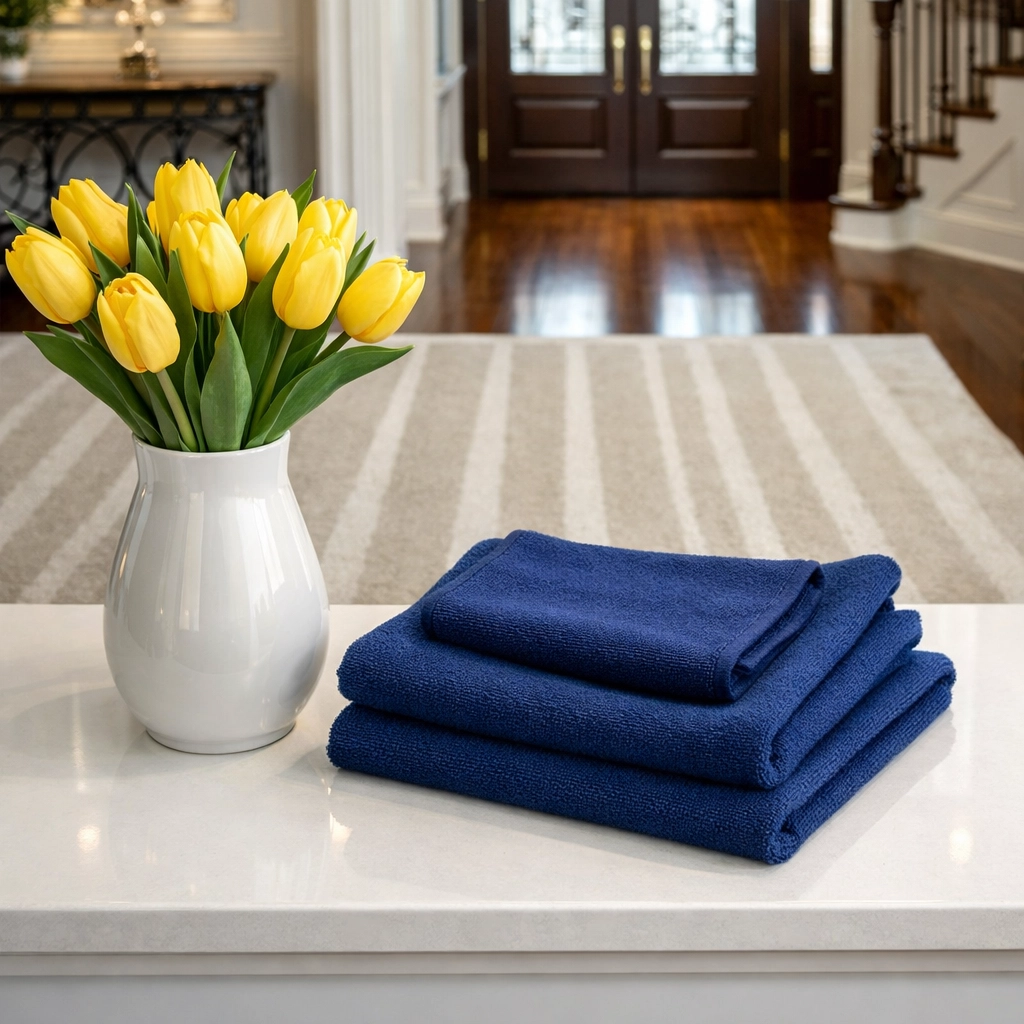 Professional cleaners Massachusetts detail work in a luxury foyer with perfectly vacuumed rugs and clean surfaces.
