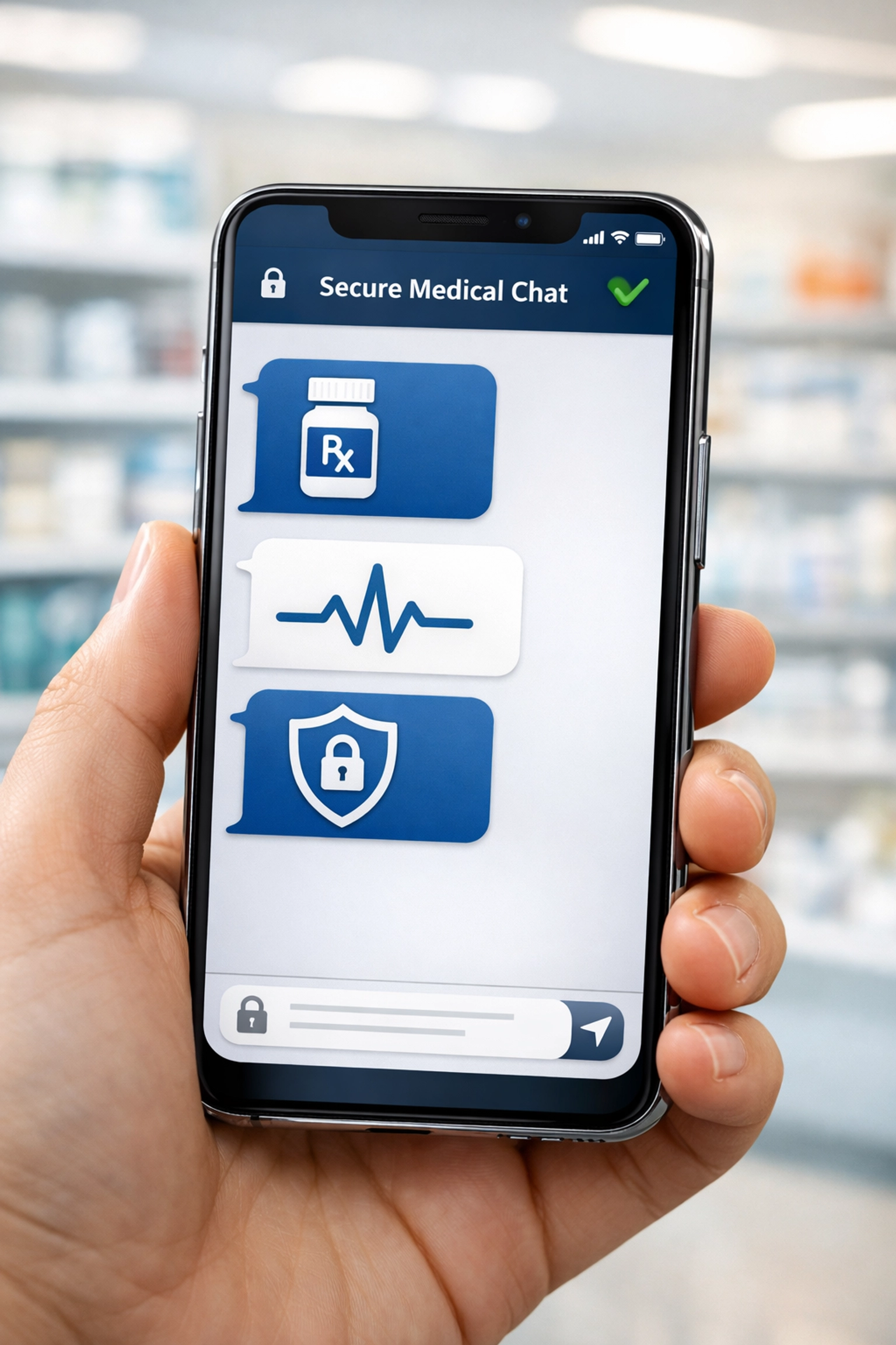 Secure medical chat on a smartphone for fast online prescription refills and telehealth consultations.