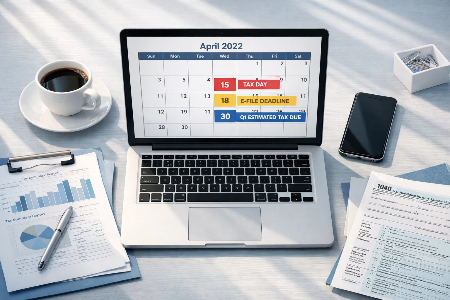 Laptop displaying 2026 tax filing deadlines for LLC owners on organized desk