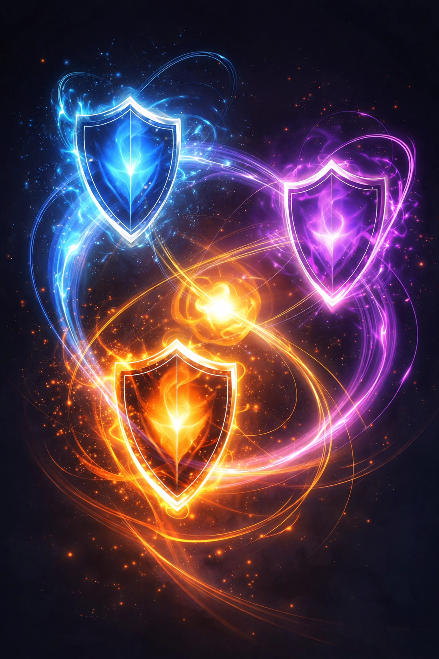 Three interconnected shields illustrating diversification through alternative investments: protection, independence, and growth.