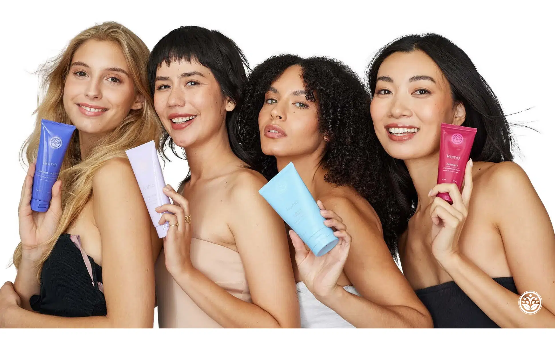 Four women with diverse hair types holding Kumo Luxe products