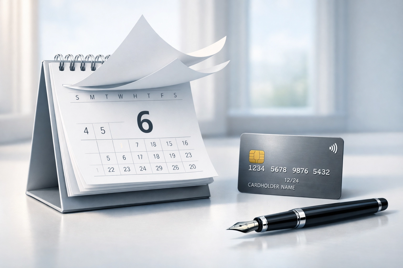 Desk calendar and credit card representing the 30 to 45 day credit score reporting cycle.