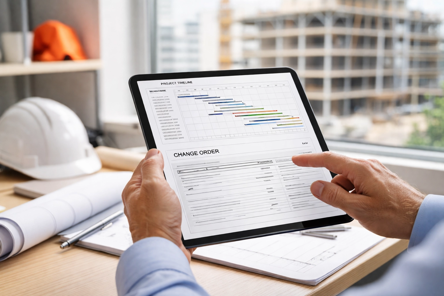 Construction project manager using a tablet for tracking timelines and change orders in commercial building project