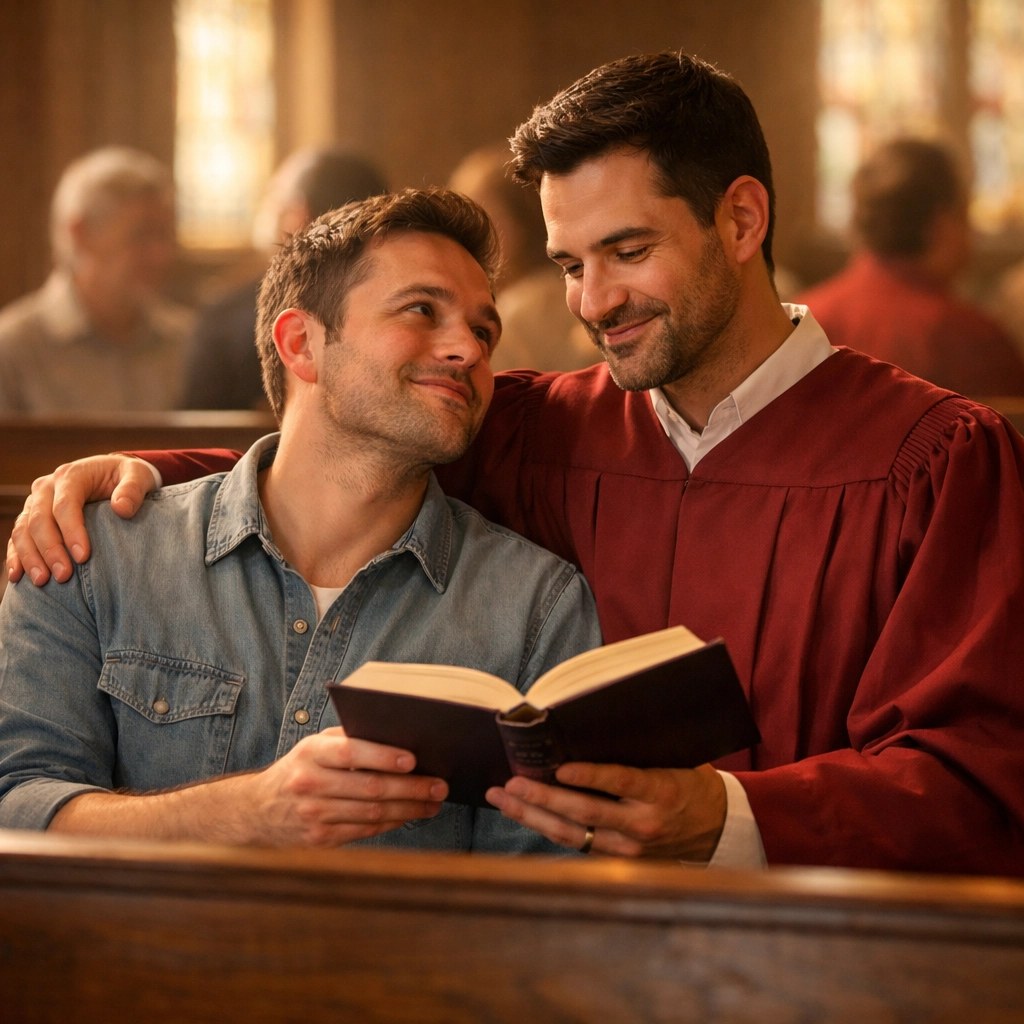 Gay couple sharing hymnal during Sunday service at Southern Baptist church