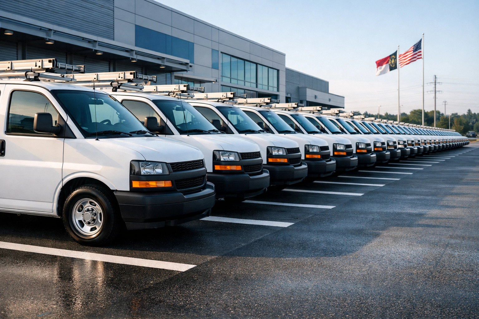 Organized fleet of service vans at a North Carolina facility, highlighting valuable business assets.