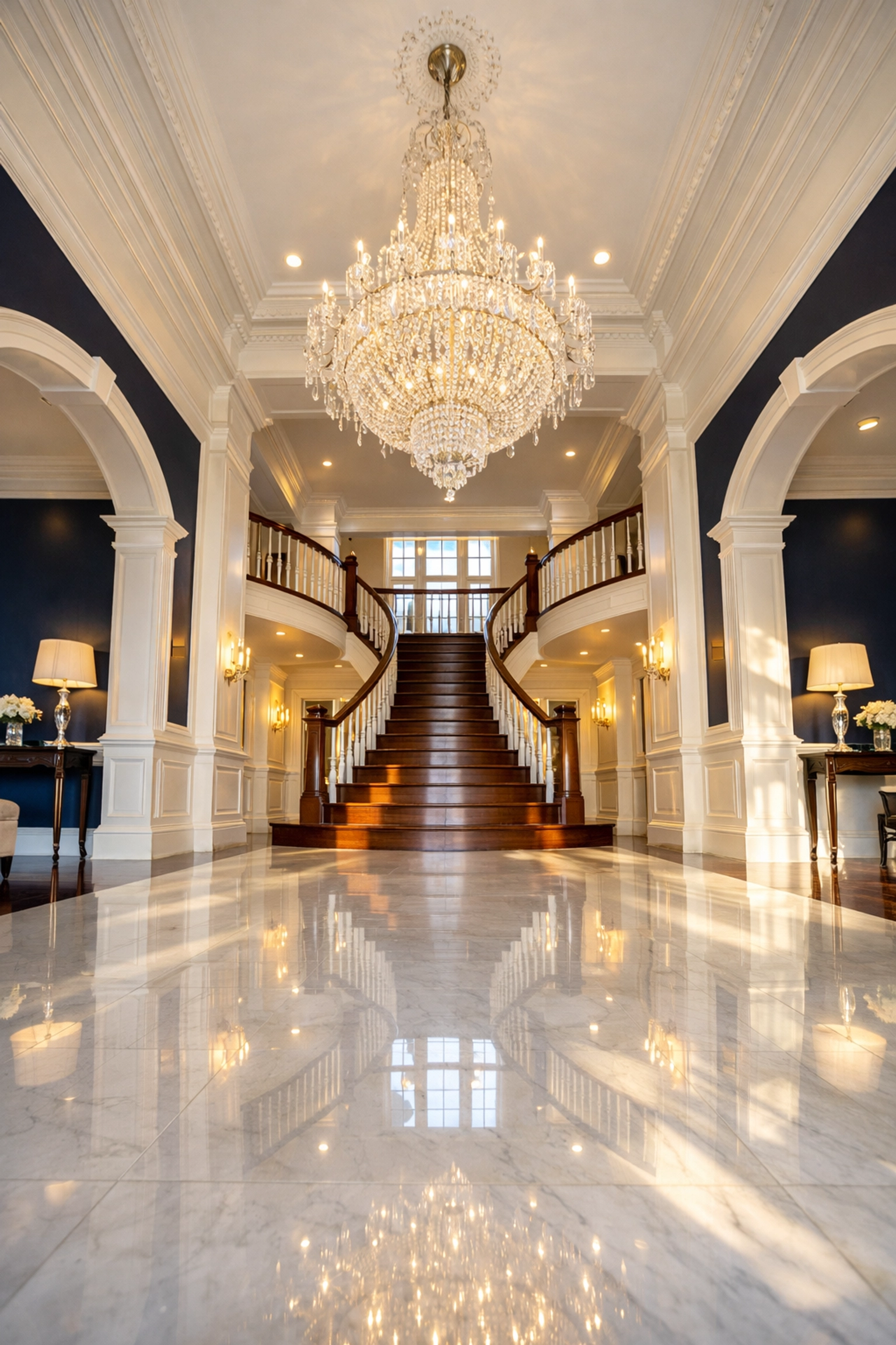 Grand Dover estate foyer with clean marble floors and high ceilings representing luxury residential cleaning Massachusetts.