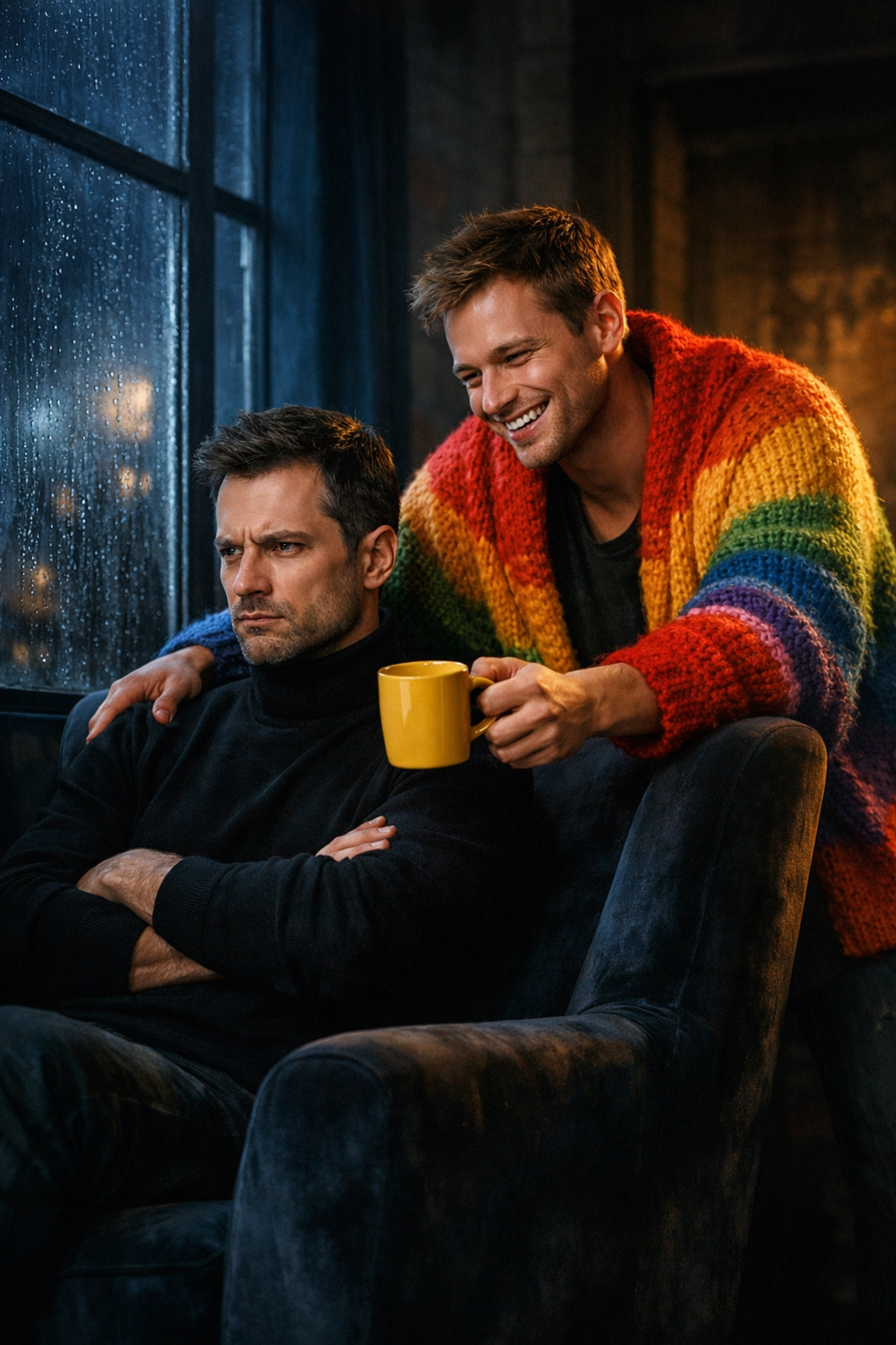 MM romance grumpy sunshine dynamic with one man in a rainbow sweater offering coffee to his partner.