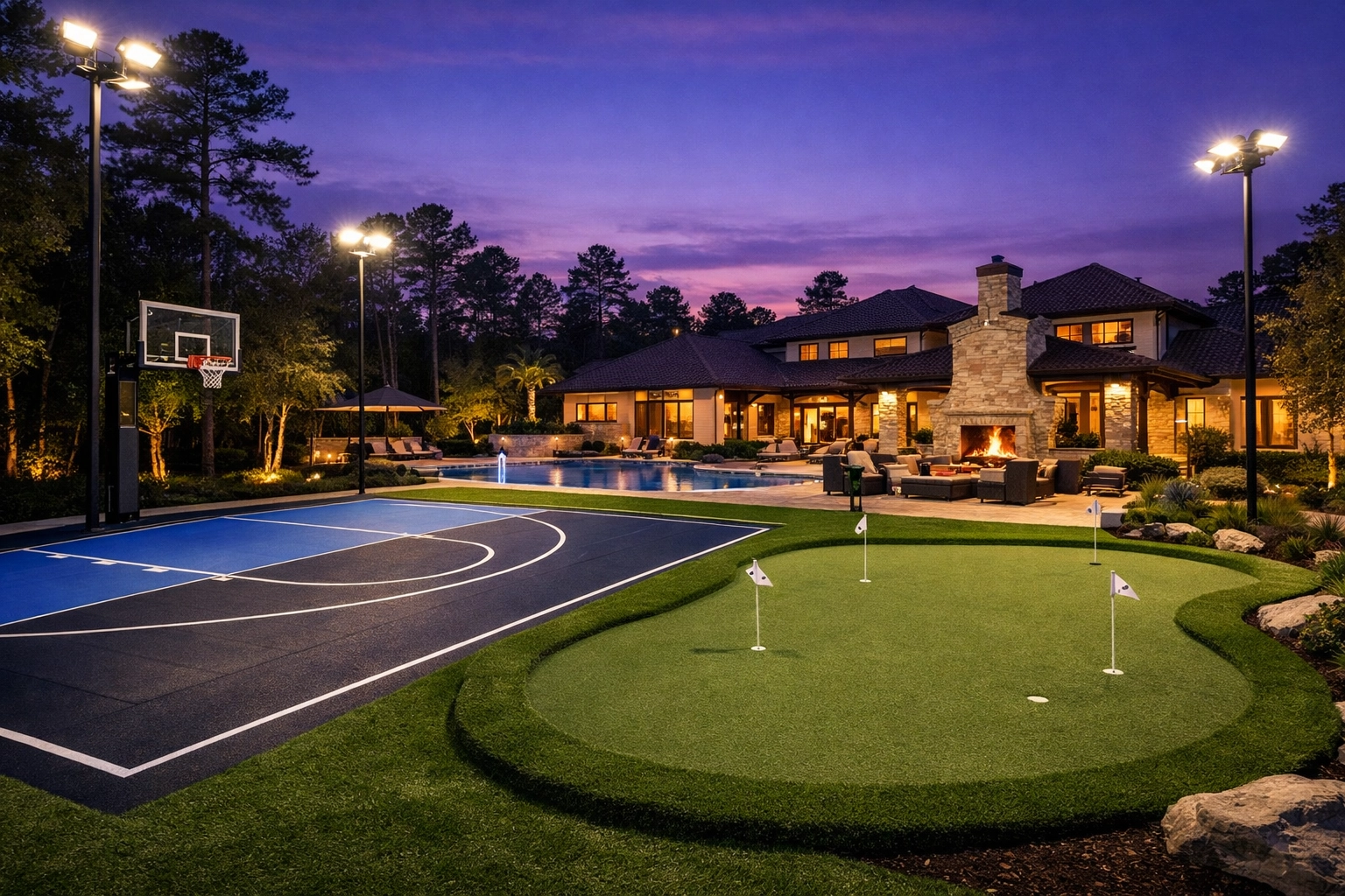 Luxury Houston estate backyard featuring a custom multi-sport court, putting green, and LED lighting.