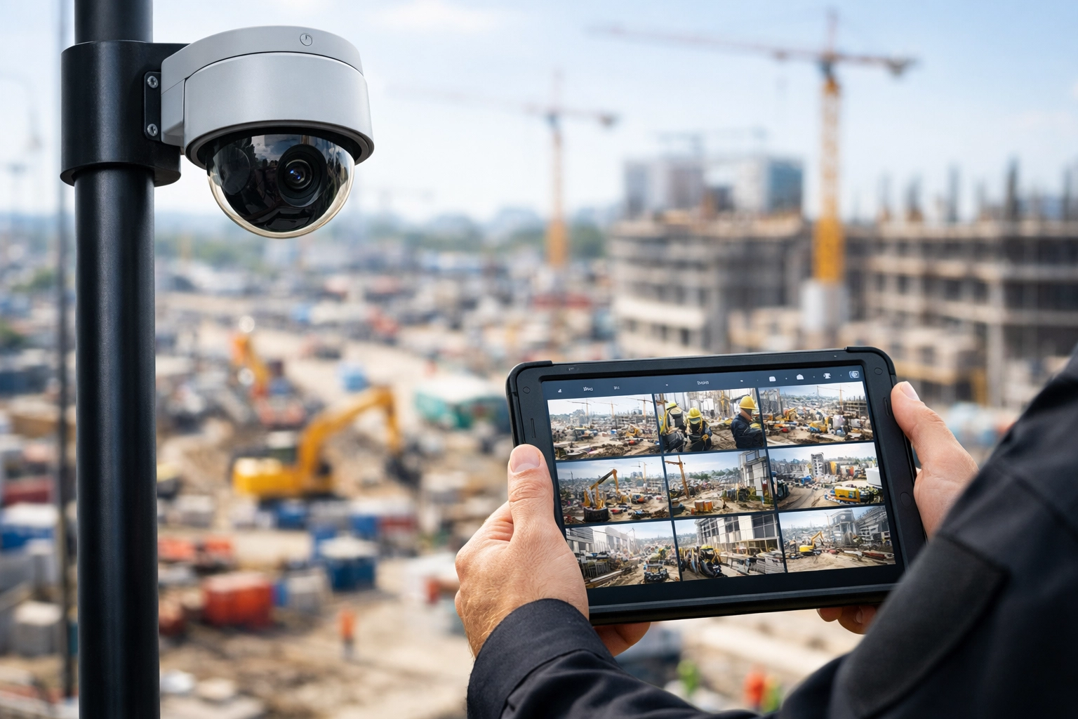 Security professional monitoring a construction site via a tablet connected to an overhead surveillance camera system.
