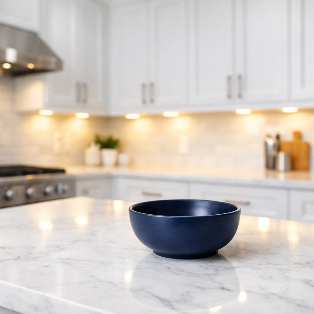 Sparkling clean luxury kitchen in Wayland with white cabinets and sanitized marble countertops.