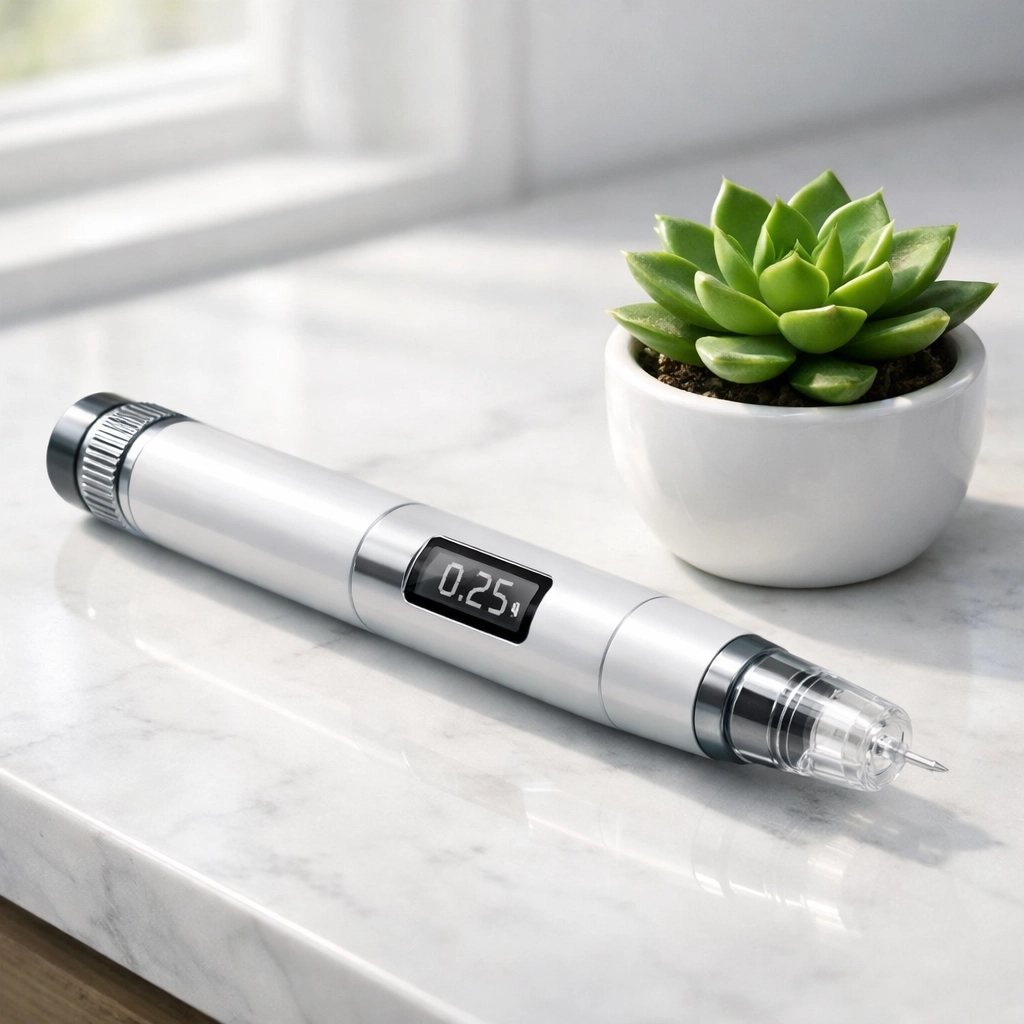 Modern medical weight loss injector pen for GLP-1 therapy on a clean white surface.