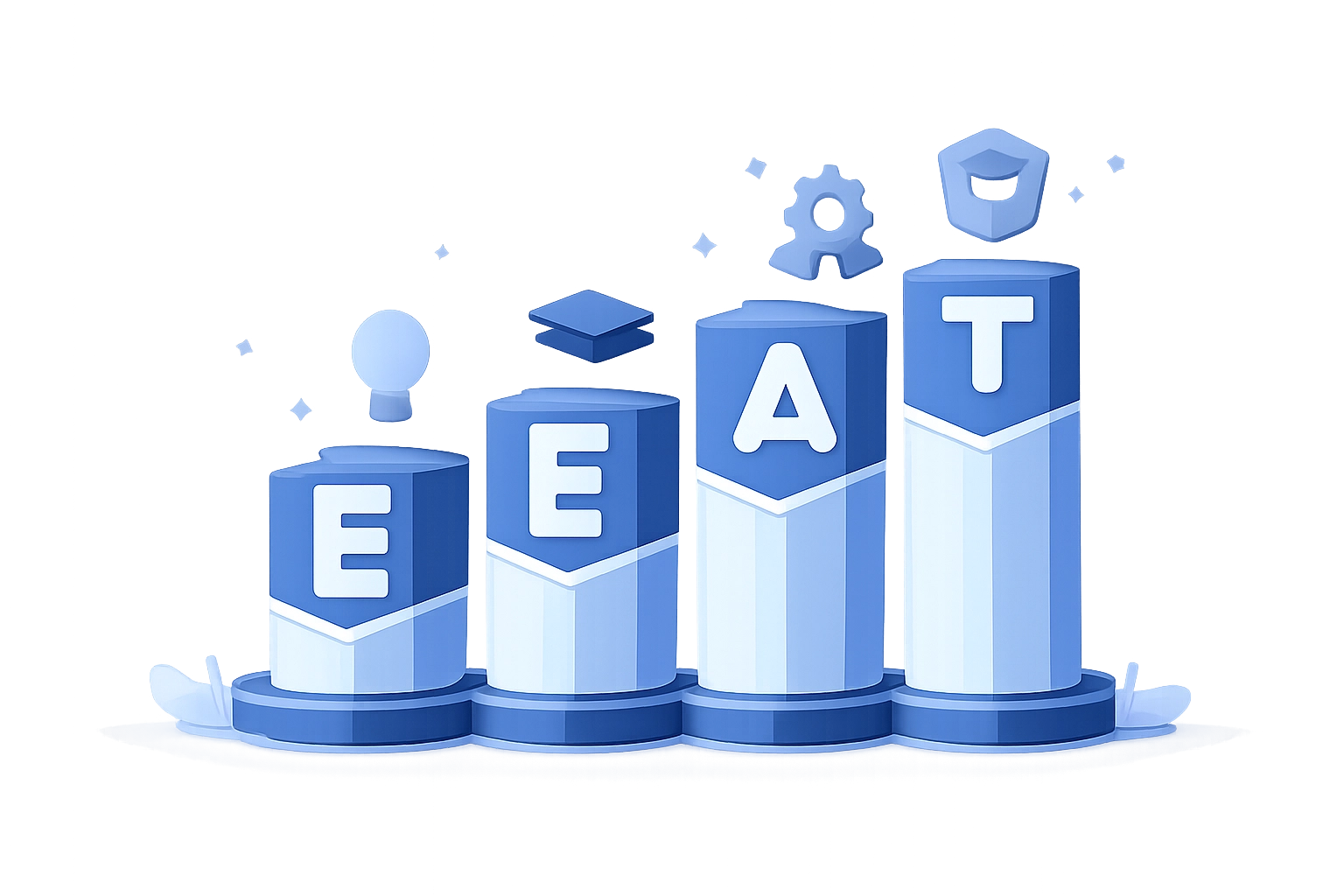 Four E-E-A-T pillars illustrating expertise, authority, and trust as key SEO ranking factors in 2026